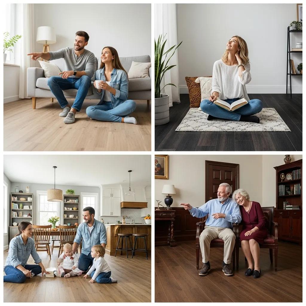 Happy homeowners showcasing satisfaction with luxury vinyl plank flooring, reflecting positive customer testimonials