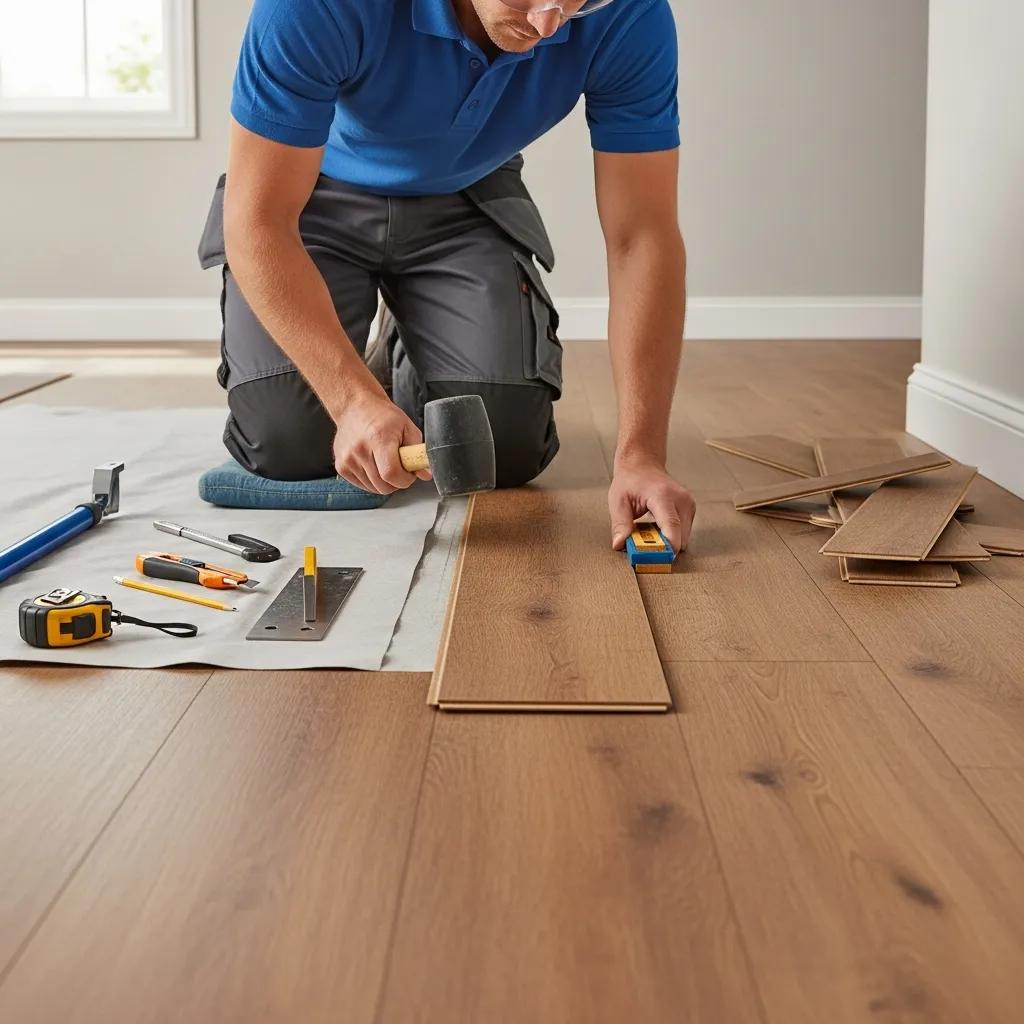 Professional installer laying luxury vinyl plank flooring, showcasing precision and attention to detail in the installation process