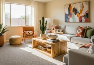 Cozy living room with plush carpet, showcasing ideal carpet installation for Arizona homes