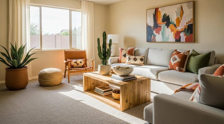 Cozy living room with plush carpet, showcasing ideal carpet installation for Arizona homes