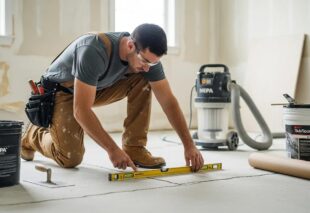 Contractor inspecting subfloor after dustless tile removal, highlighting the importance of preparation for new flooring