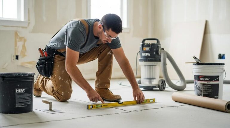 Contractor inspecting subfloor after dustless tile removal, highlighting the importance of preparation for new flooring