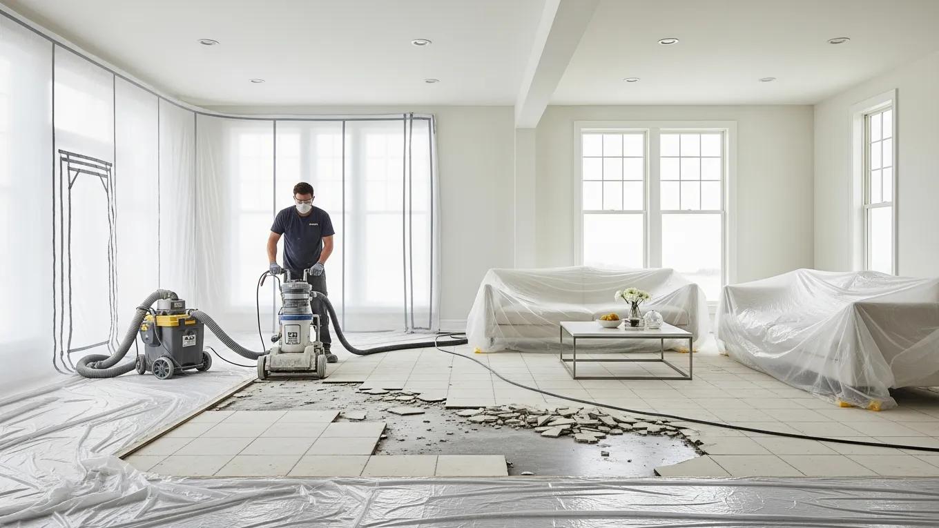 Dustless tile removal process in a clean living room with equipment and minimal dust