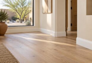 Newly installed wood flooring and baseboard installation in a bright Arizona home, showcasing durable