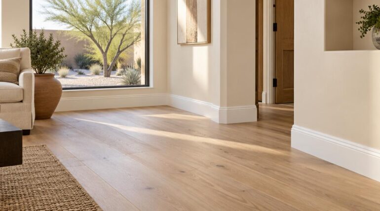 Interior view of a modern Arizona home showcasing newly installed hardwood floors and white baseboard
